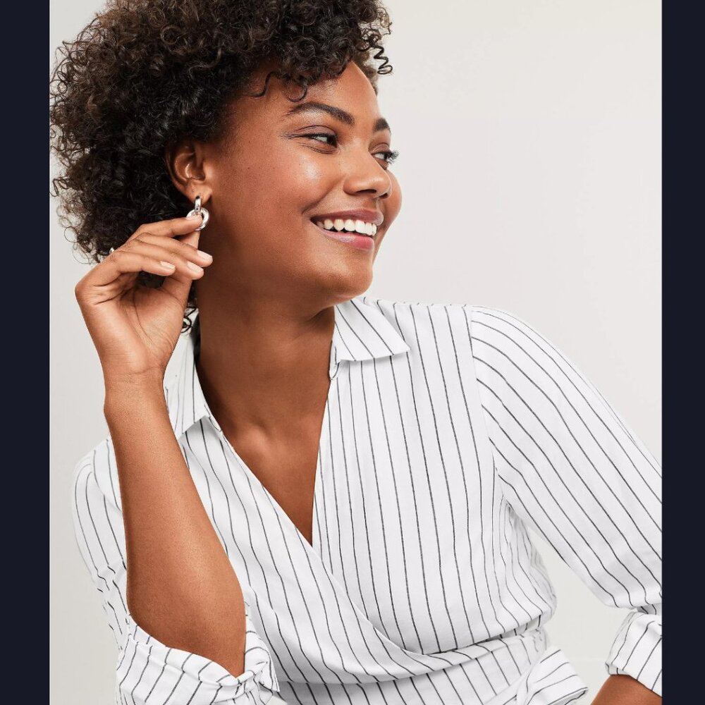 Ann Taylor Loft Striped Cotton Blend Side Wrap Blouse | NWT | XS | White Black - Picture 4 of 7